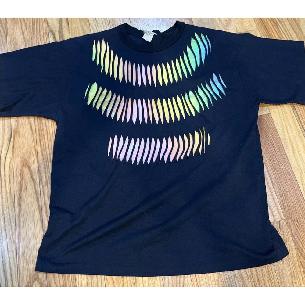 Vintage Suzy Phillips Hand Cut Black Tee Shirt With Colorful Tie dye Under S